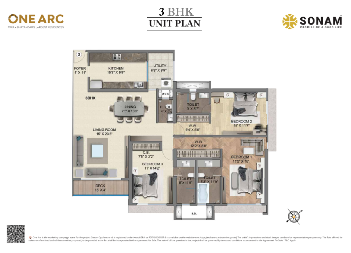 3bhk flat in sonam one arc, mira bhayandar - floor plan