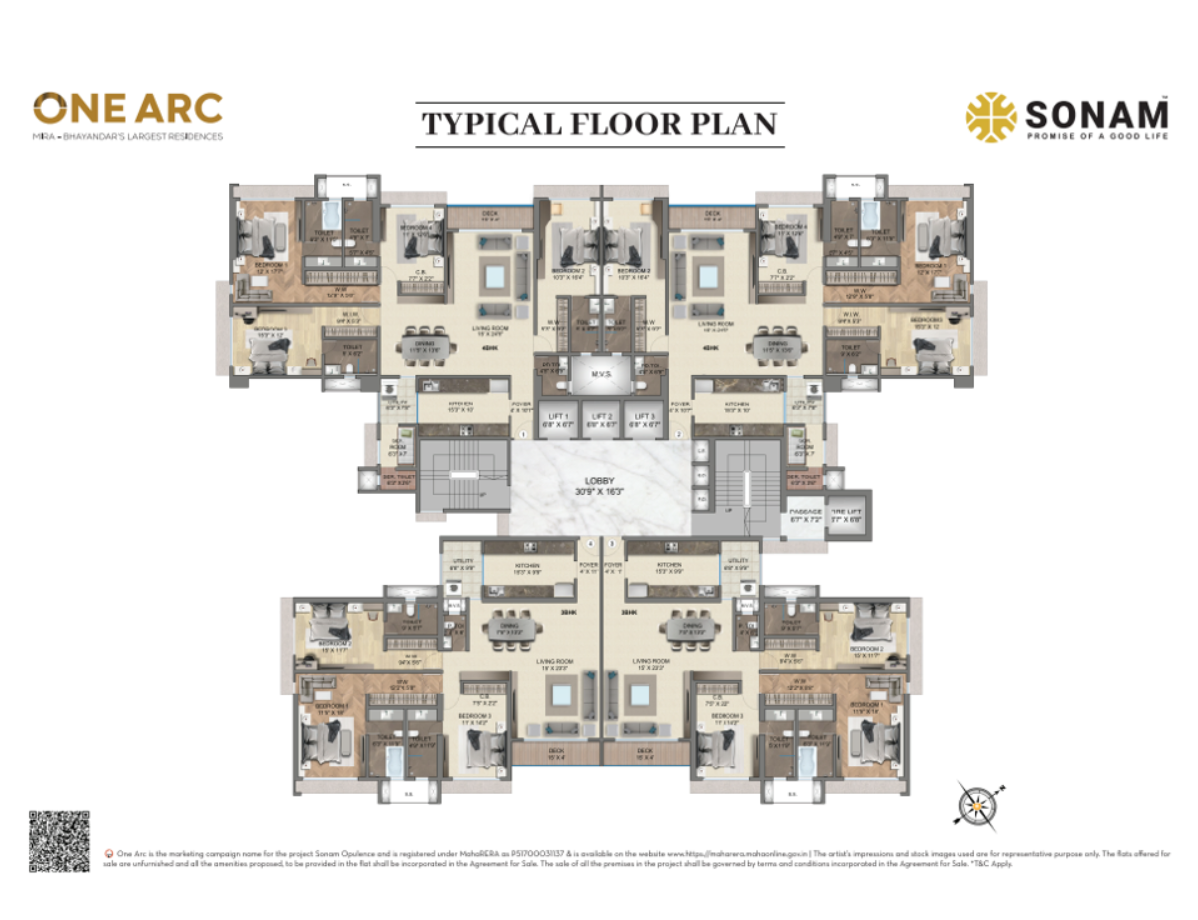 3bhk and 4bhk sonam one arc typical floor plan